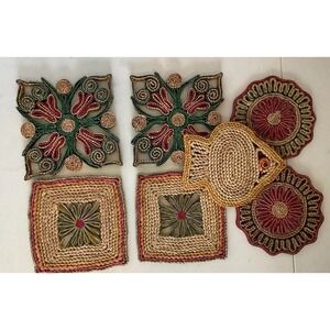 7 Vintage Wicker Straw Hot Pad Trivets Woven Rattan / Fish Colorful